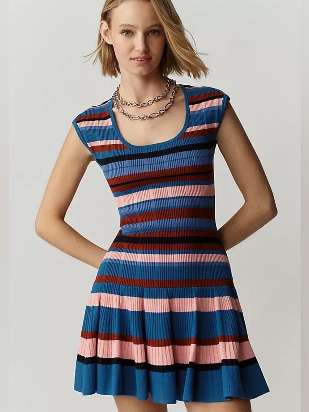 Maeve Anthropologie Beca Ribbed Knit Fit Flare Dress medium Blue Pink Stripe